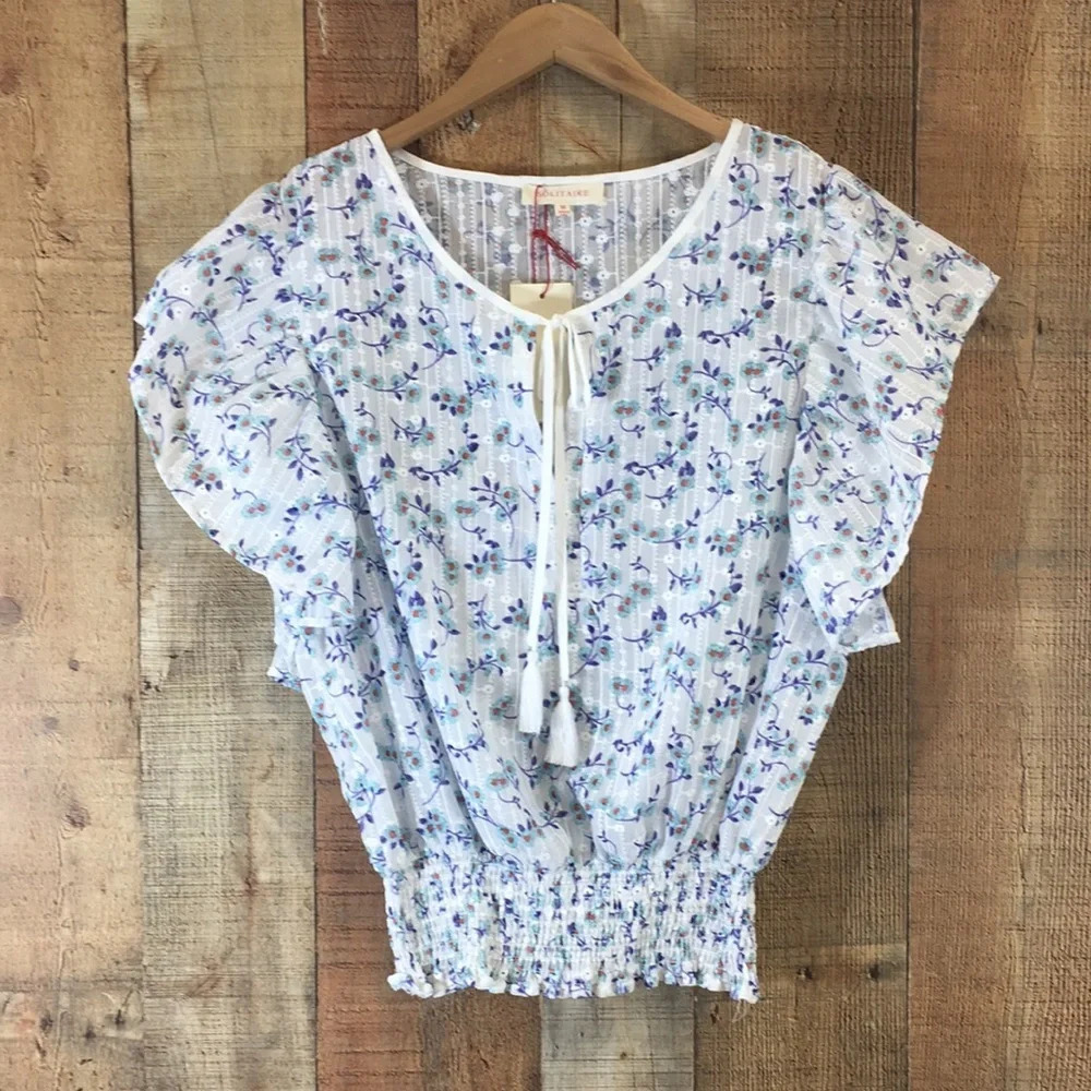 Solitaire White Blue Floral Sheer Blouse Womens Medium Dolman Sleeve Smocked